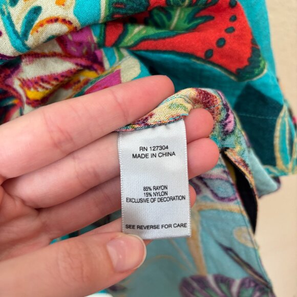 John Mark 1X Boho Vacation Tropical Floral Print Tunic Top Embroidered Trims - Picture 8 of 11